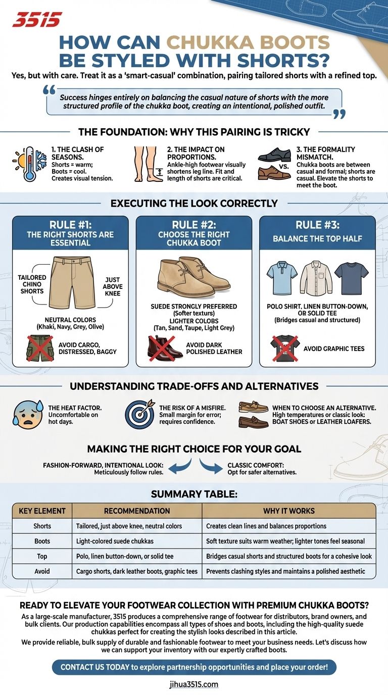 ¿Cómo combinar las botas chukka con pantalones cortos? Domina el look informal elegante de verano Guía Visual