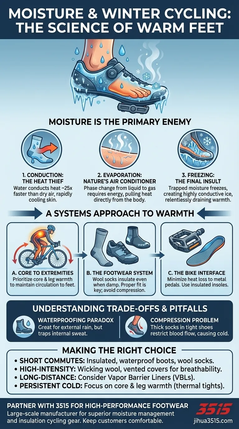 كيف يؤثر الرطوبة على دفء القدمين أثناء ركوب الدراجات في فصل الشتاء؟ أتقن إدارة الرطوبة للحصول على أقدام دافئة دليل مرئي