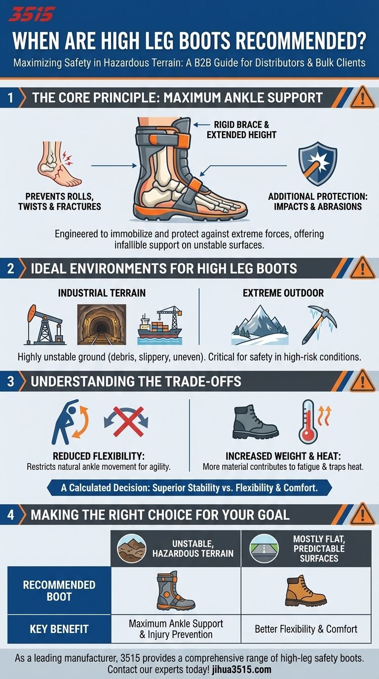 발목 지지력이 최대화되어야 하는 험난한 지형에서 하이 레그 부츠가 권장되는 경우는 언제인가요? 시각적 가이드