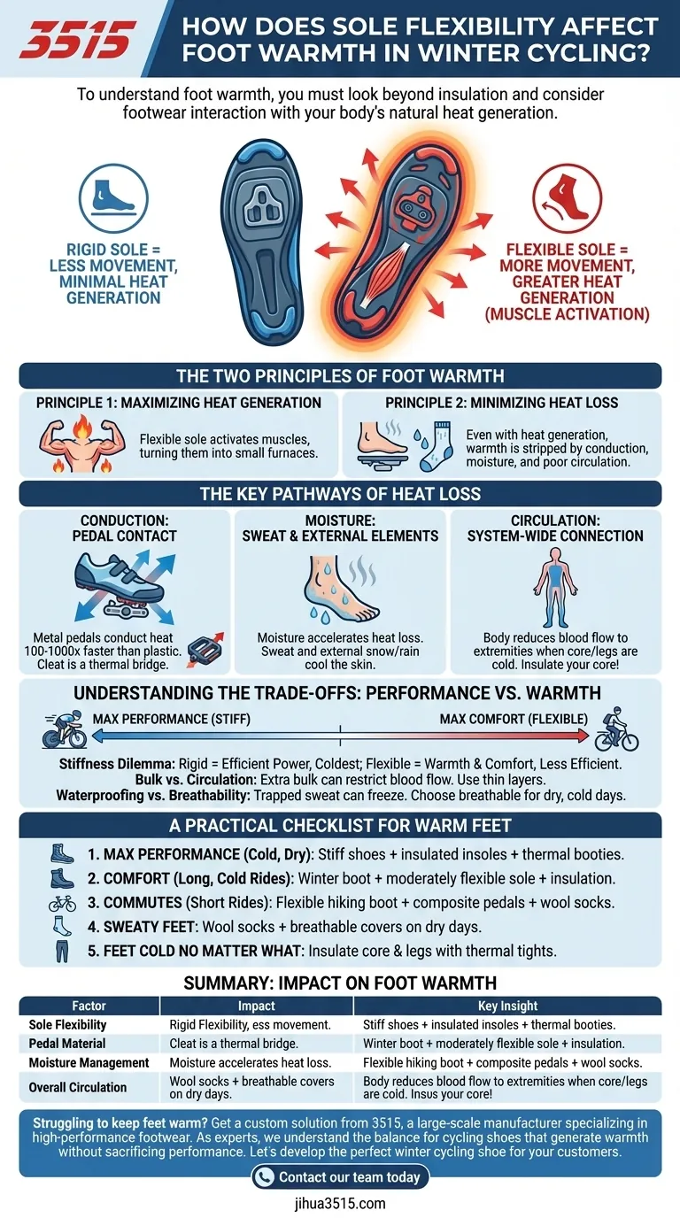 Comment la flexibilité de la semelle affecte-t-elle la chaleur des pieds lors du cyclisme hivernal ? Maximisez le confort et les performances. Guide Visuel