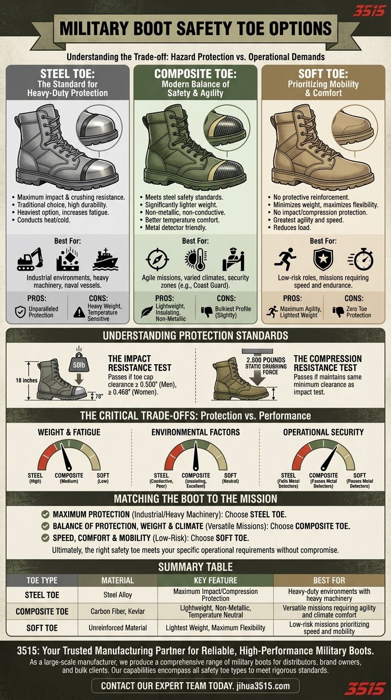 ¿Cuáles son las opciones comunes de puntera de seguridad en las botas militares? Acero, Compuesto o Puntera Blanda Explicado Guía Visual