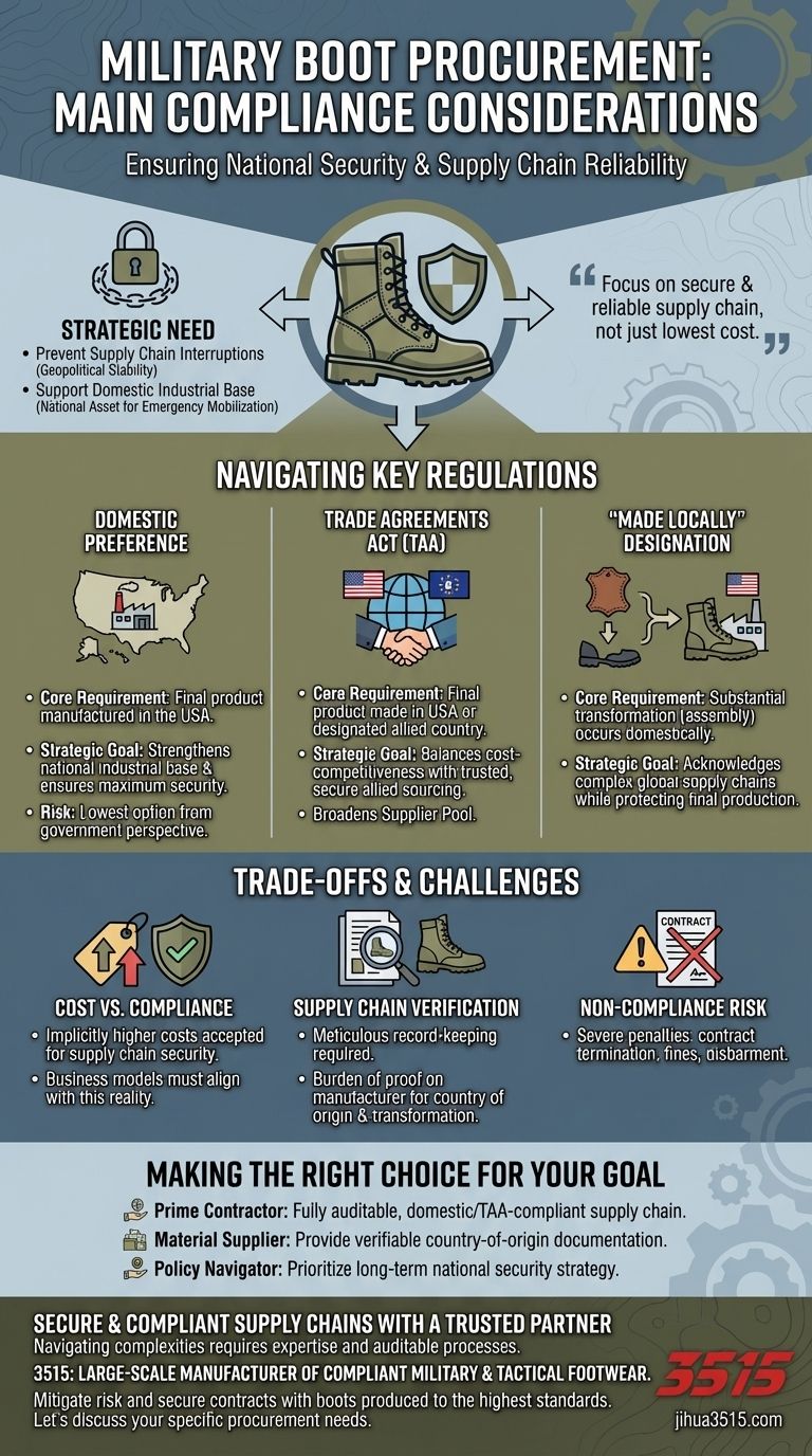 What are the main compliance considerations for military boot procurement? Navigating TAA & Domestic Sourcing Visual Guide