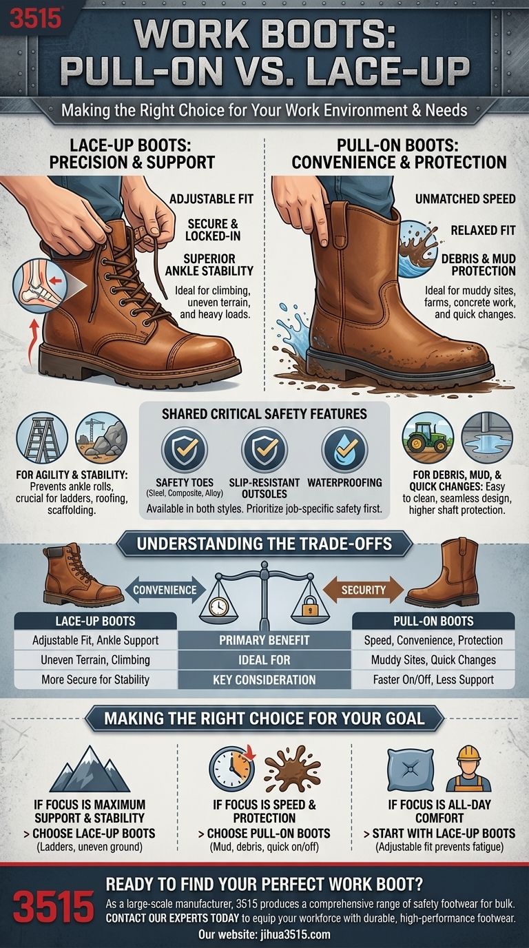 ما هي العوامل التي يجب مراعاتها عند الاختيار بين أحذية العمل سهلة الارتداء والأحذية برباط؟ دليل السلامة والراحة دليل مرئي