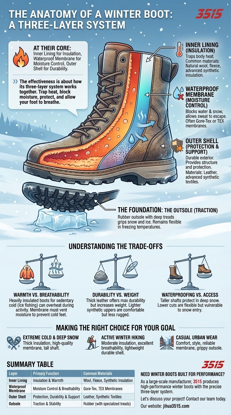 겨울 부츠를 구성하는 세 가지 레이어는 무엇인가요? 따뜻하고 건조한 발을 위한 가이드 시각적 가이드