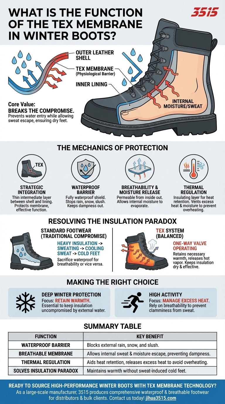 겨울 부츠의 TEX 멤브레인 기능은 무엇인가요? 어떤 조건에서도 발을 건조하고 따뜻하게 유지하세요. 시각적 가이드