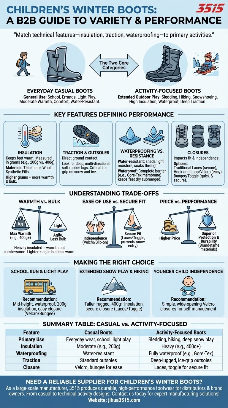 Que variedade de opções estão disponíveis para botas de inverno infantis? Um guia para estilos casuais vs. focados em atividades Guia Visual