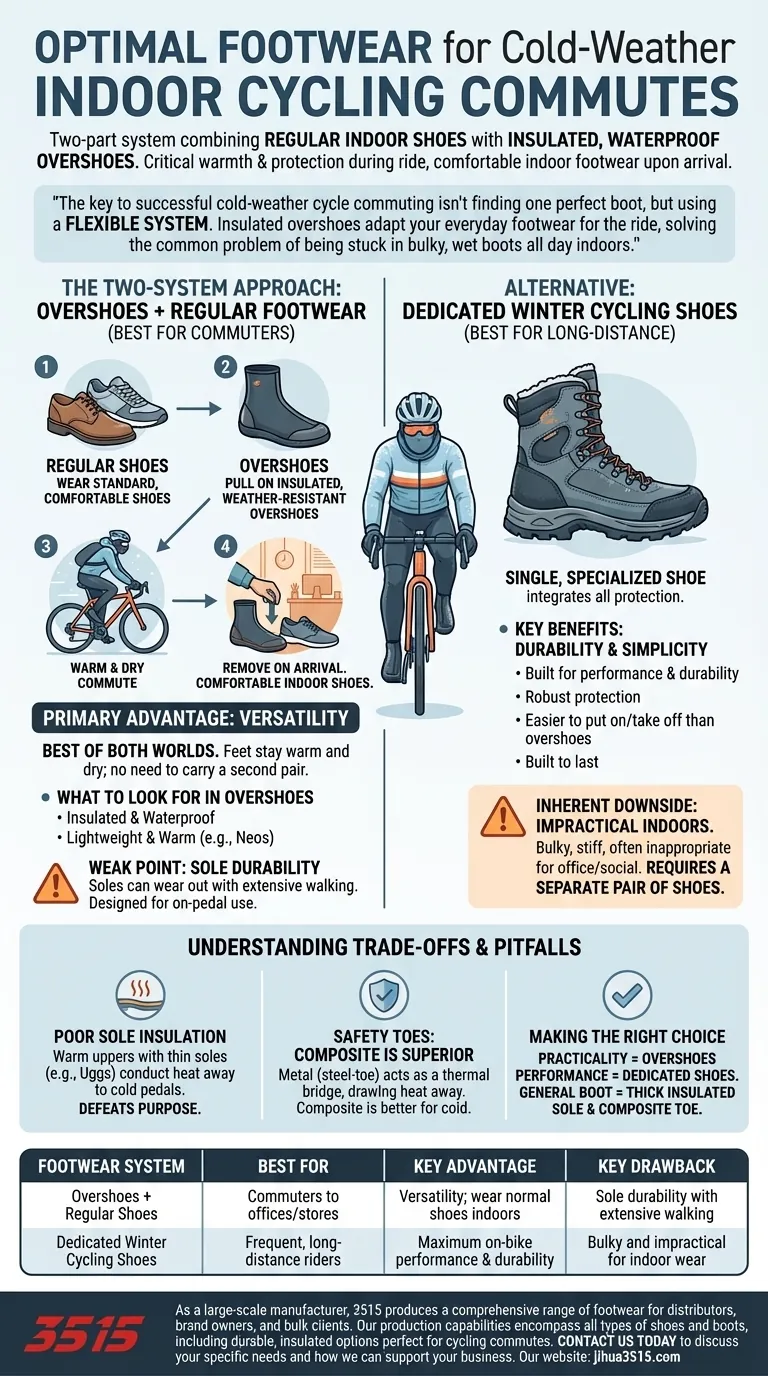 Quelle est la recommandation pour les chaussures lors des déplacements à vélo vers des destinations intérieures par temps froid ? Restez au chaud et au sec Guide Visuel