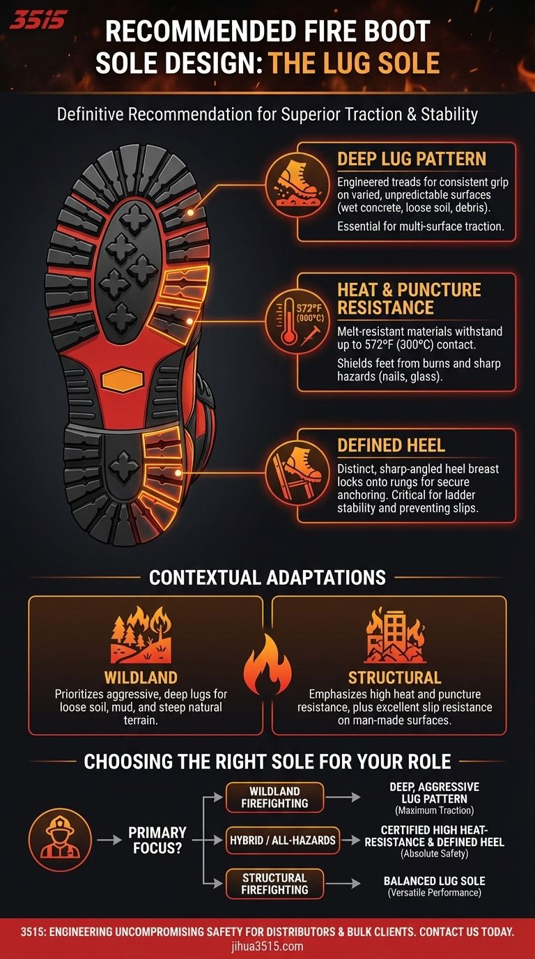¿Qué tipo de diseño de suela se recomienda para las botas de bombero? Suelas con tacos para una tracción y seguridad superiores Guía Visual