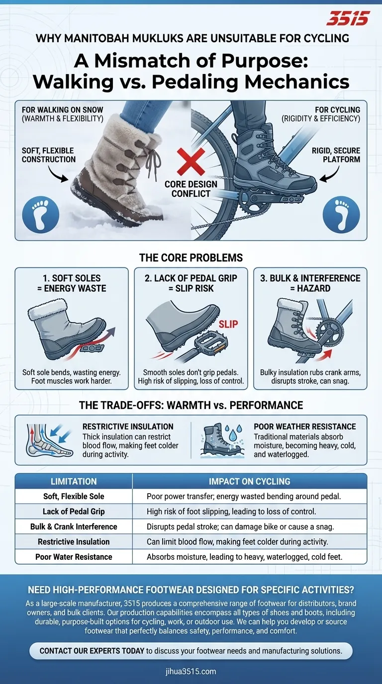 Quelle est la limite des bottes Manitobah Mukluks pour le cyclisme ? Dangereux pour le pédalage à cause des semelles souples Guide Visuel