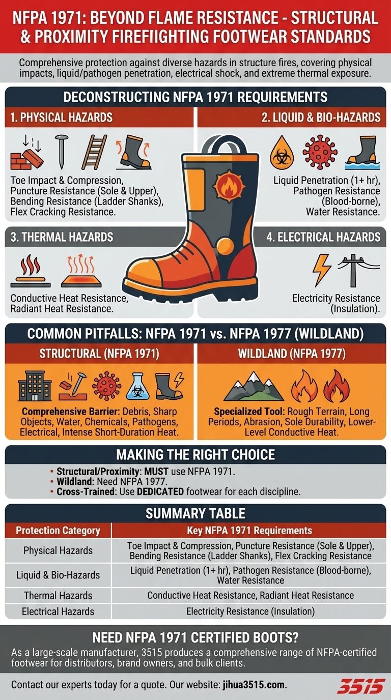 NFPA 1971에 따른 근접 및 구조 소방용 신발에 적용되는 추가 표준은 무엇입니까? 위험 보호 완전 설명 시각적 가이드