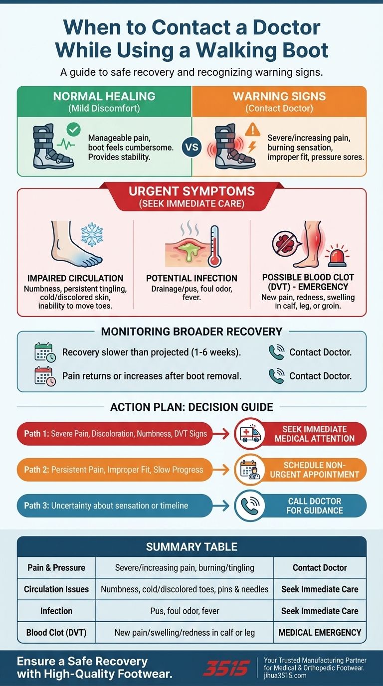 ¿Cuándo debe contactar a un médico mientras usa una bota para caminar? Reconozca las señales de advertencia. Guía Visual