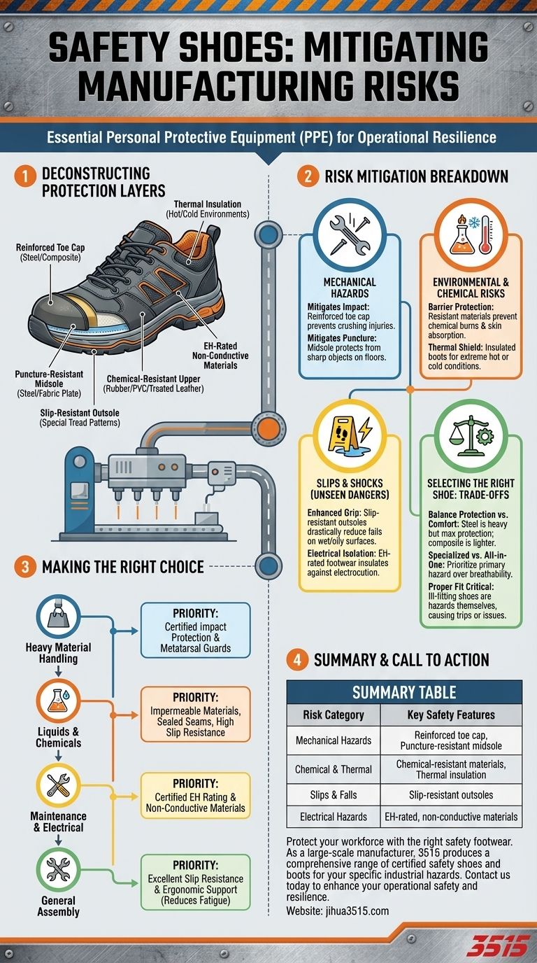 Quels risques les chaussures de sécurité atténuent-ils dans les industries manufacturières ? Protection essentielle des pieds pour votre personnel Guide Visuel