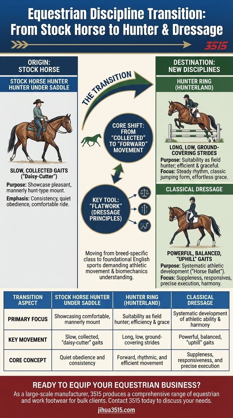 騎手はどのような馬術活動に移行していますか？ストックホースからハンターリングと馬場馬術へ ビジュアルガイド