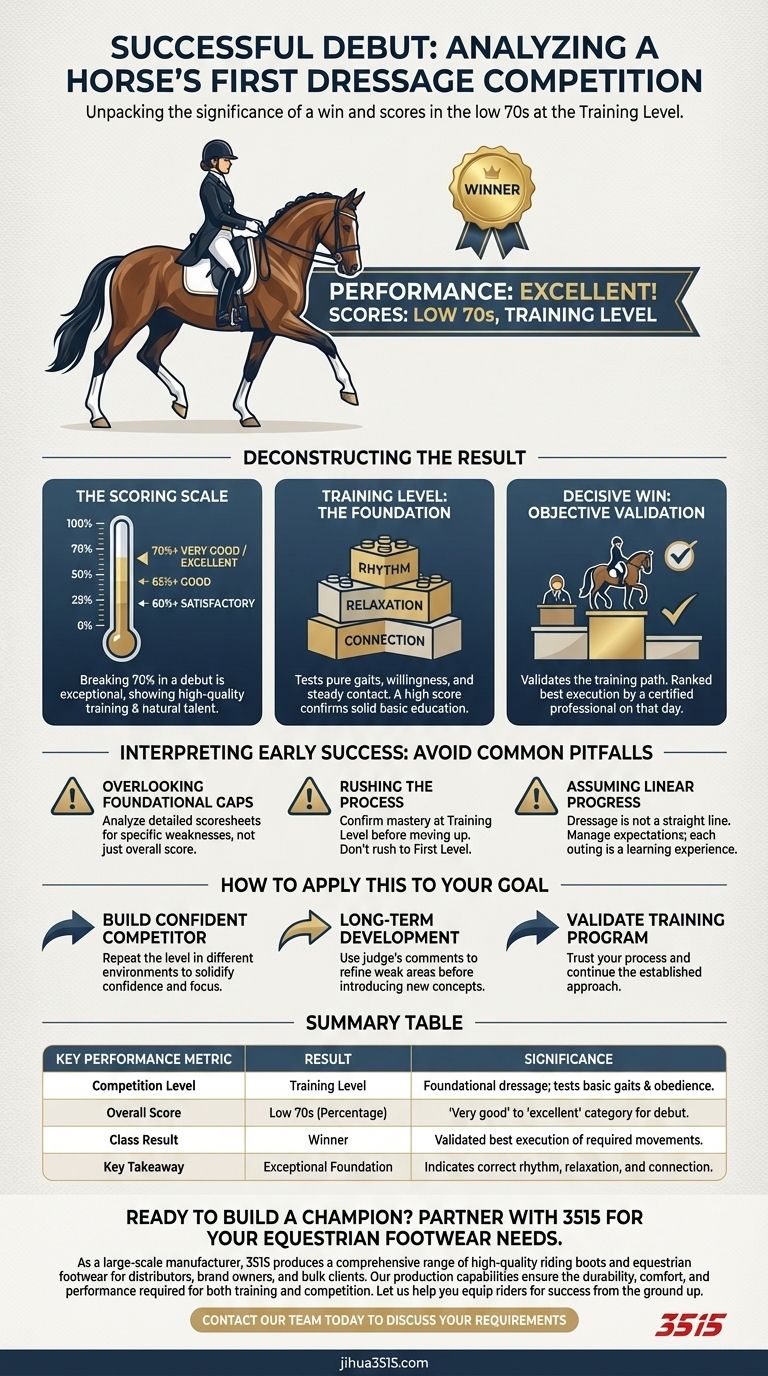 Como o cavalo se saiu em sua primeira competição de adestramento? Uma estreia vitoriosa com pontuação superior a 70% Guia Visual