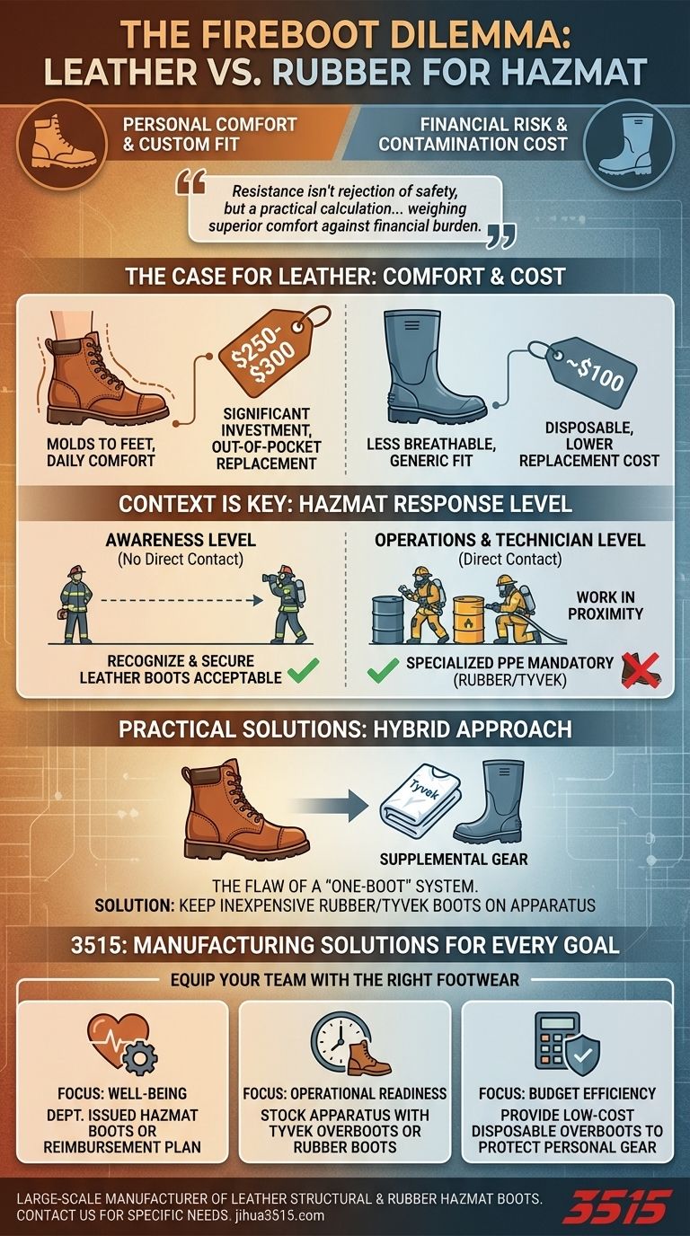 Pourquoi certains pompiers hésitent-ils à passer des bottes en cuir aux bottes en caoutchouc pour les interventions en matière de matières dangereuses ? Confort contre coût Guide Visuel