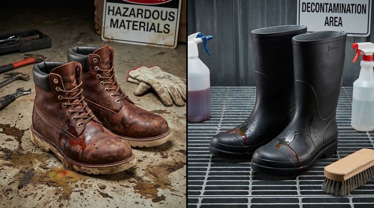 ゴムと比較した場合、革のブーツの除染における課題は何ですか?重要な安全性の違い