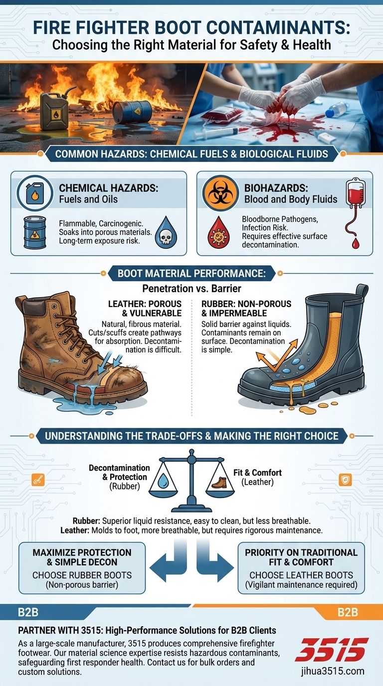 Quais são os contaminantes comuns encontrados pelos bombeiros que afetam a escolha das botas? Selecione o Material Certo para Segurança. Guia Visual