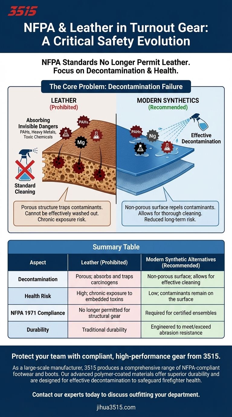 How does NFPA influence the use of leather in turnout gear? The Shift to Safer, Cleanable Materials Visual Guide