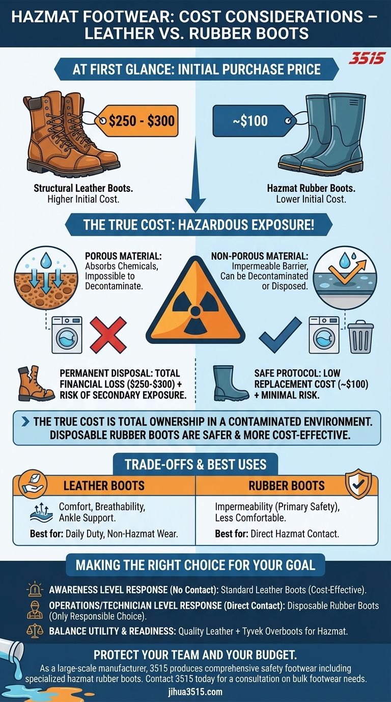 ¿Cuáles son las consideraciones de costo al elegir entre botas de cuero y de goma para situaciones de materiales peligrosos? Guía Visual