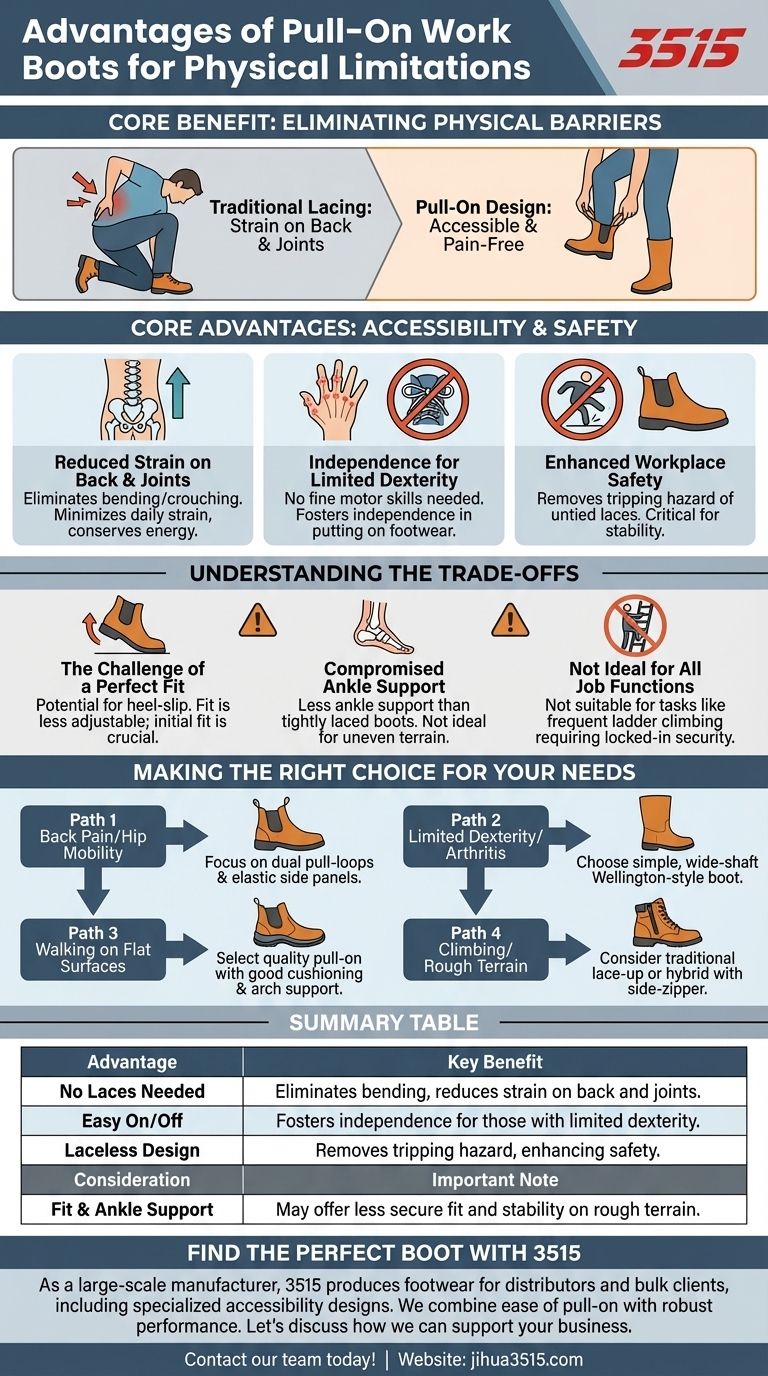 Quels sont les avantages des bottes de travail à enfiler pour les personnes ayant des limitations physiques ? Mobilité et indépendance accrues Guide Visuel