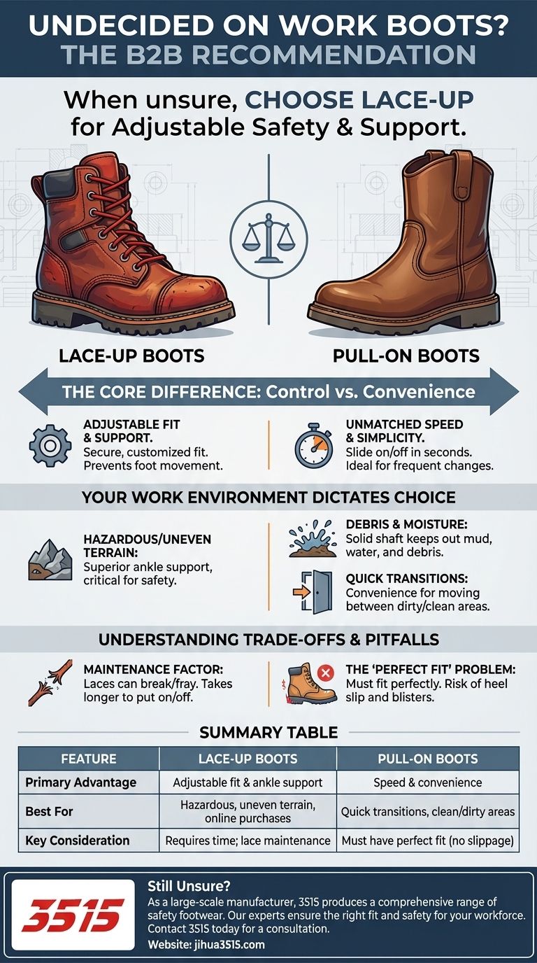 Which type of work boot is recommended if someone is undecided between lace up and pull on? Choose for Safety & Fit Visual Guide