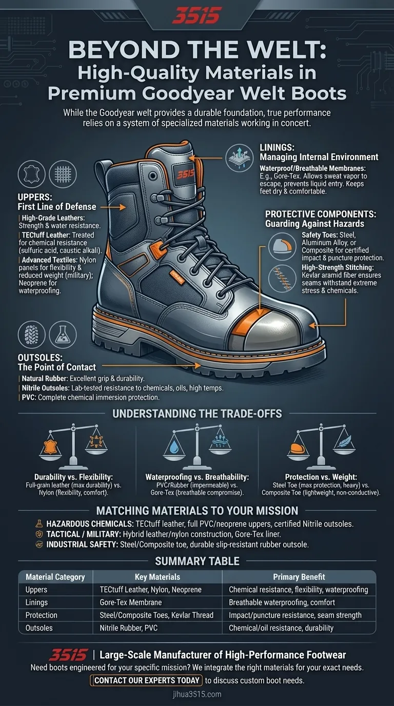 굿이어 웰트 부츠에 사용되는 추가적인 고품질 소재는 무엇인가요? 고급 부품 가이드 시각적 가이드