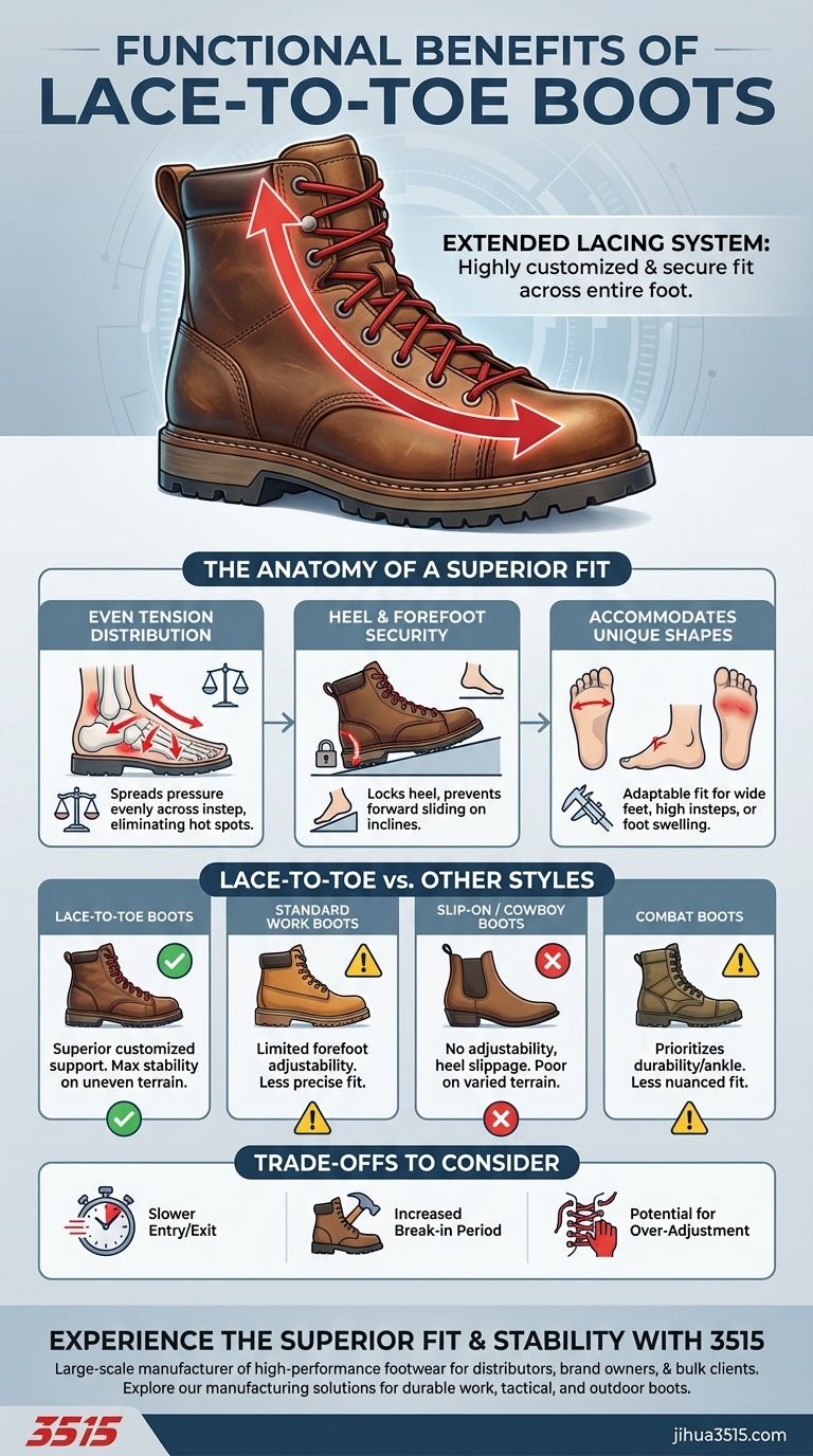 レース・トゥ・トゥ・ブーツの機能的な利点は何ですか？優れた、カスタマイズされたフィット感を実現 ビジュアルガイド