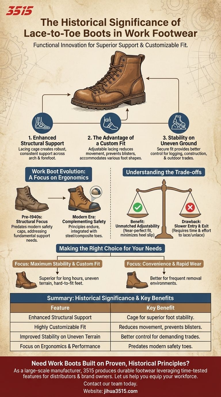 ワークフットウェアにおけるレーストゥートゥブーツの歴史的重要性とは？比類なきサポート＆カスタムフィット ビジュアルガイド