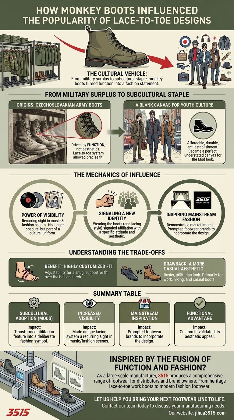 Come gli stivali monkey hanno influenzato la popolarità dei design lace-to-toe? Uno sguardo all'evoluzione dello stile subculturale Guida Visiva