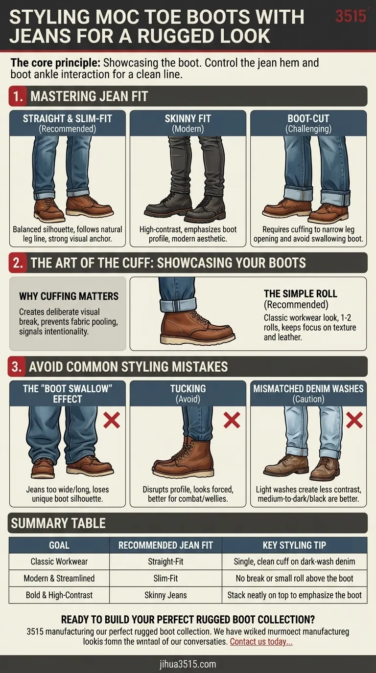 러기드한 룩을 위해 청바지와 모크 토 부츠를 어떻게 스타일링할 수 있나요? 자신감 있는 스타일을 위한 핏과 커프 마스터하기 시각적 가이드