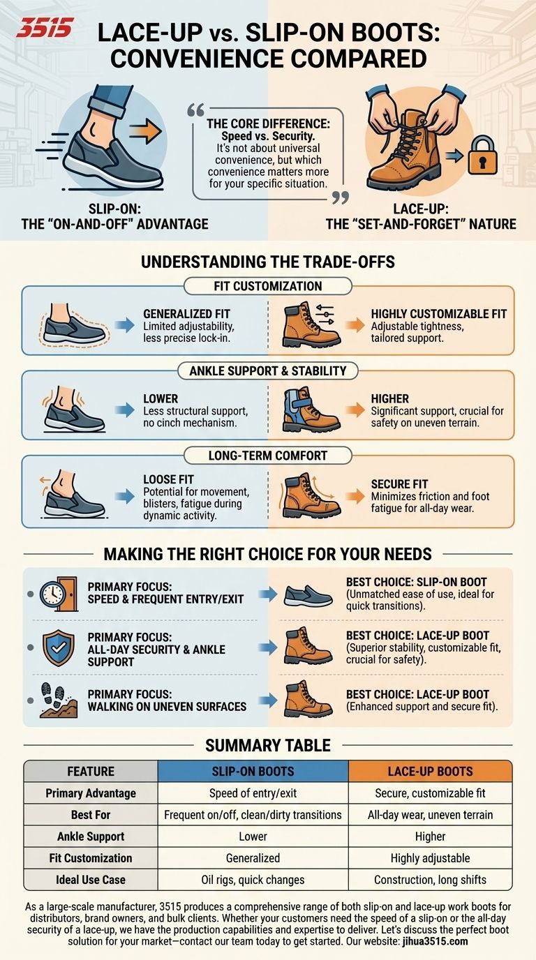 レースアップブーツとスリップオンスタイルのブーツでは、どちらがより便利ですか？あなたの仕事に合ったブーツを選びましょう。 ビジュアルガイド