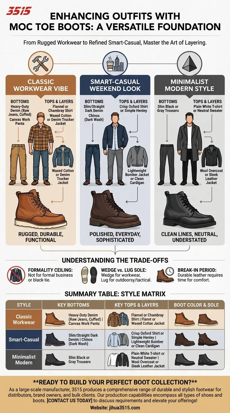 ¿Cuáles son algunas formas de realzar un atuendo con botas de punta moc? Domina los estilos rústico, casual elegante y moderno. Guía Visual