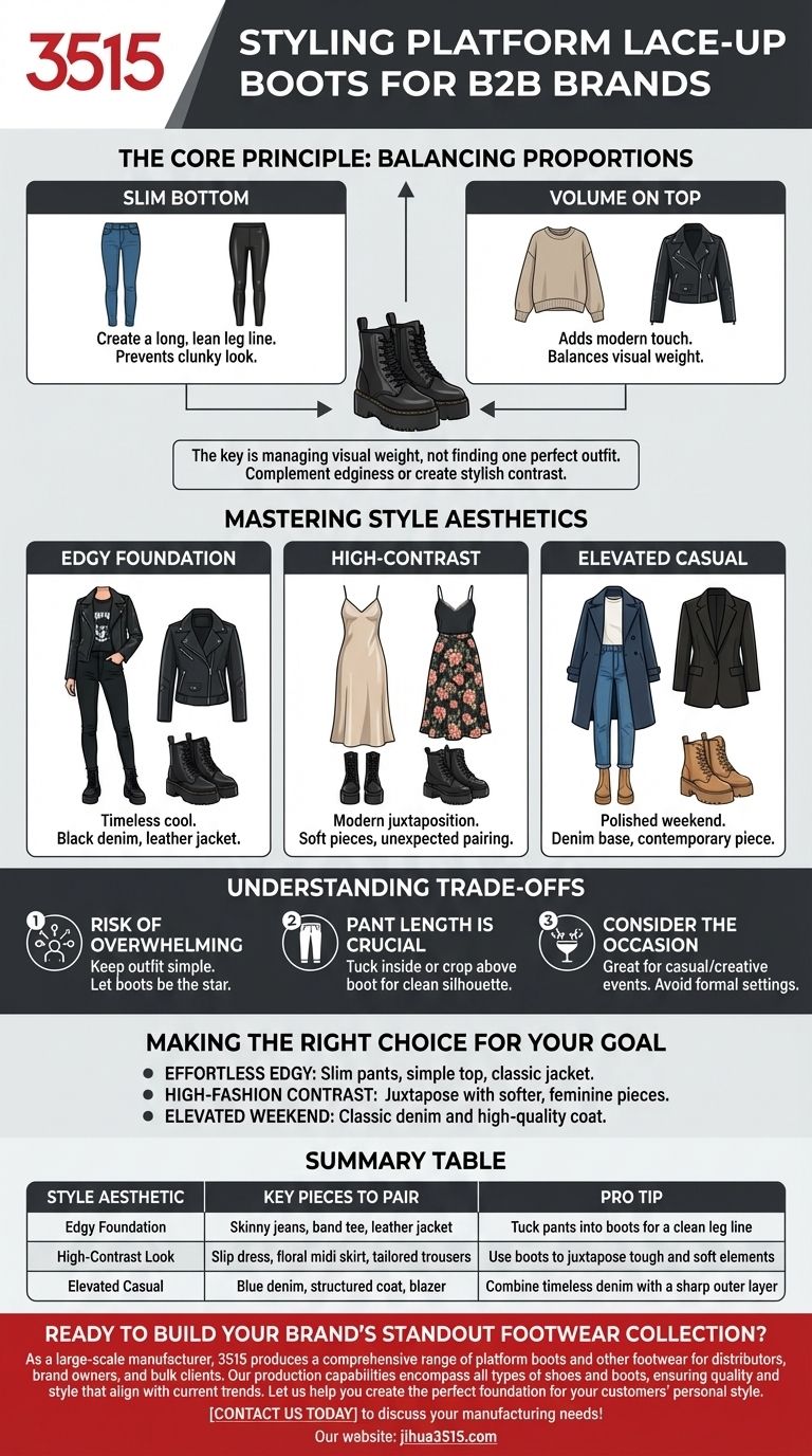 Was sind einige Möglichkeiten, Schnürstiefel mit Plateau zu stylen? Meistere Proportionen & Kreiere edgy Looks Visuelle Anleitung