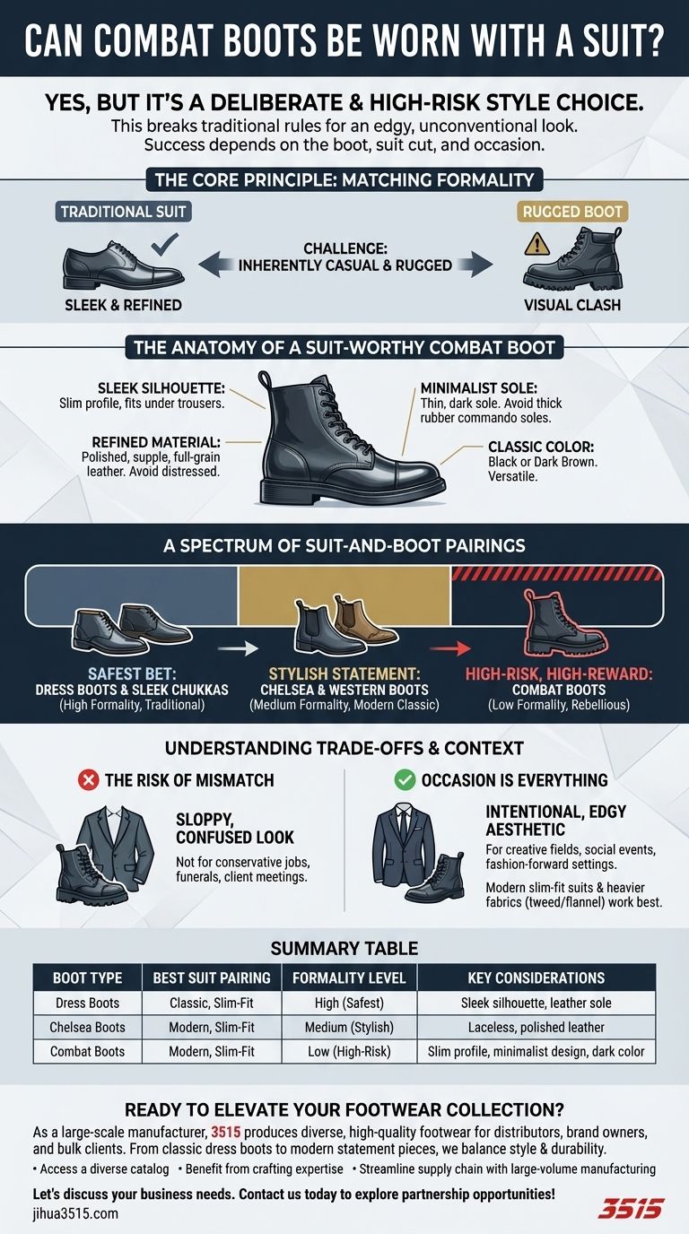 Gli anfibi si possono indossare con un abito? Una guida allo stile ad alto rischio e ad alto rendimento Guida Visiva