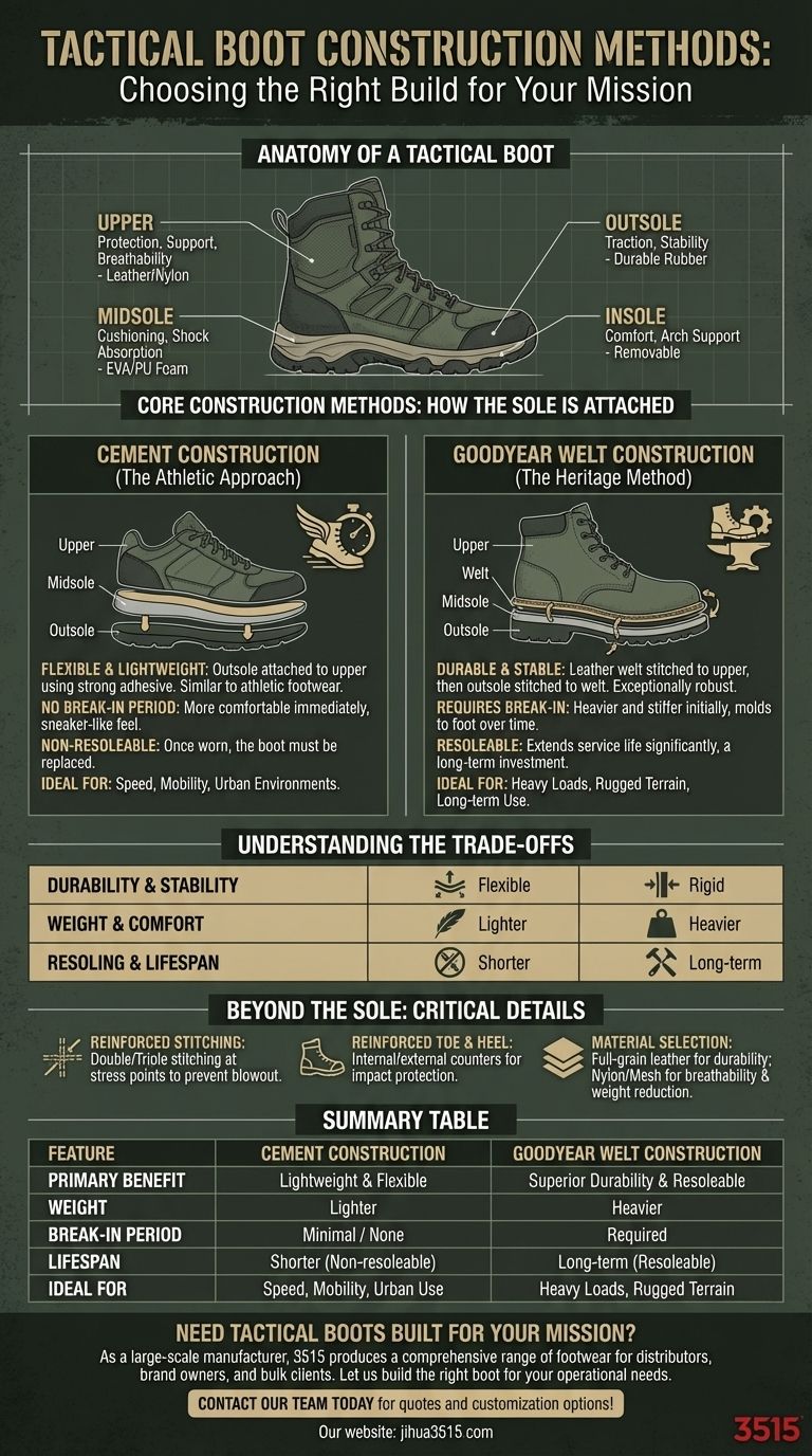 Quali metodi di costruzione vengono utilizzati negli stivali tattici? Spiegazione del cemento rispetto al Goodyear Welt Guida Visiva