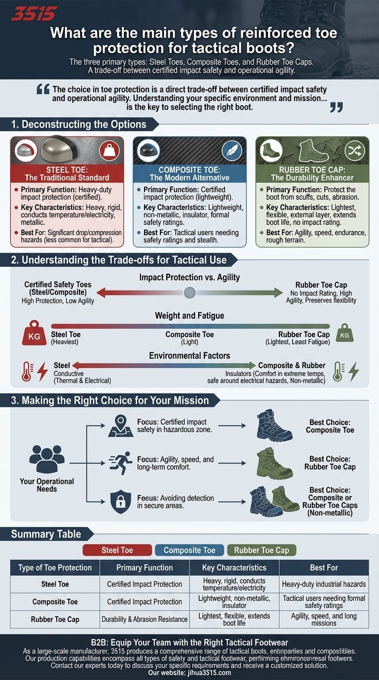 What are the main types of reinforced toe protection for tactical boots? Choose the Right Toe for Your Mission Visual Guide