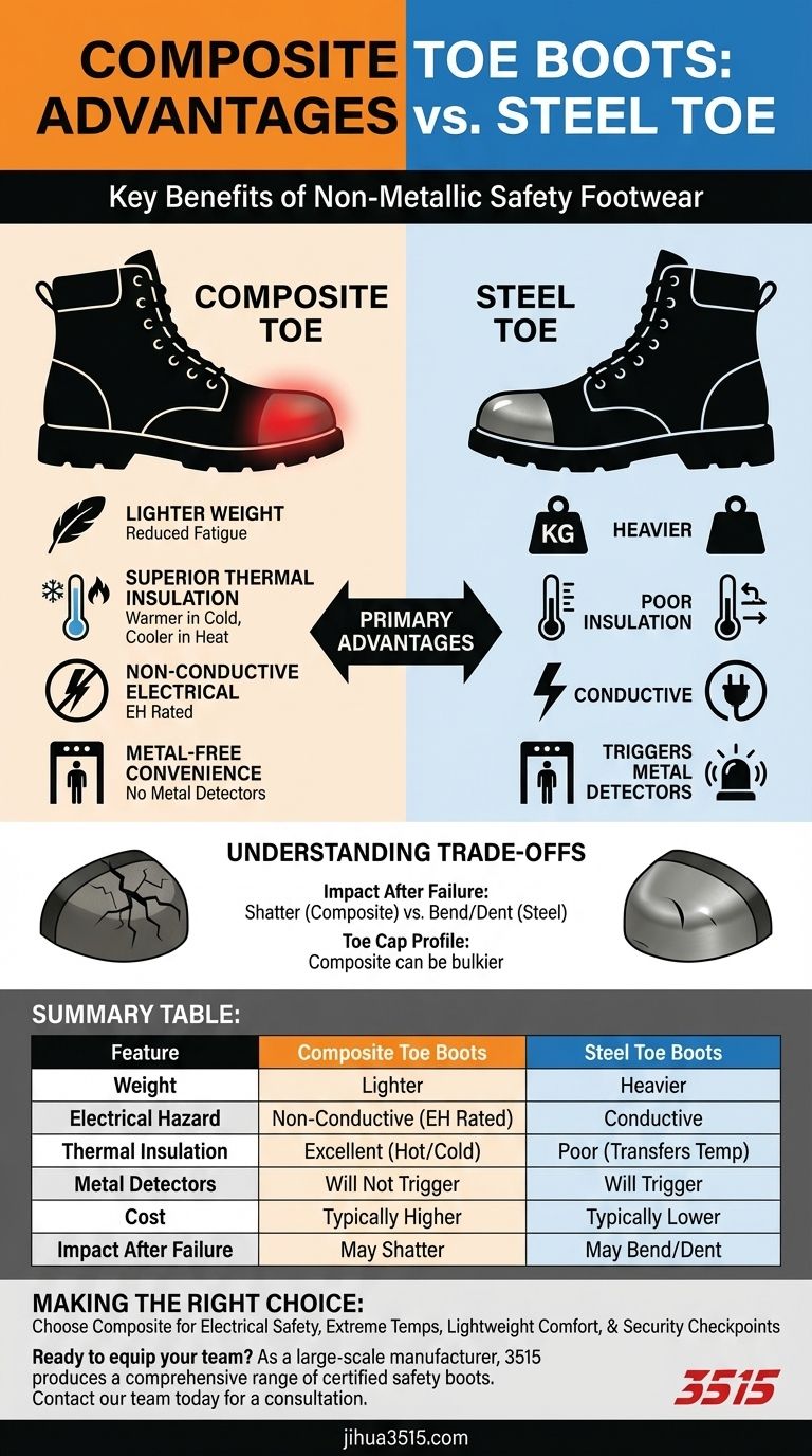 ما هي مزايا أحذية السلامة ذات المقدمة المركبة مقارنة بأحذية السلامة ذات المقدمة الفولاذية؟ أخف وزناً، وأكثر أماناً، وخالية من المعادن. دليل مرئي