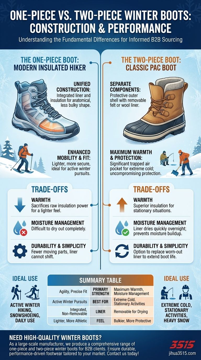 What are the differences between one-piece and two-piece winter boot designs? Choose the Right Boot for Your Winter Activity Visual Guide