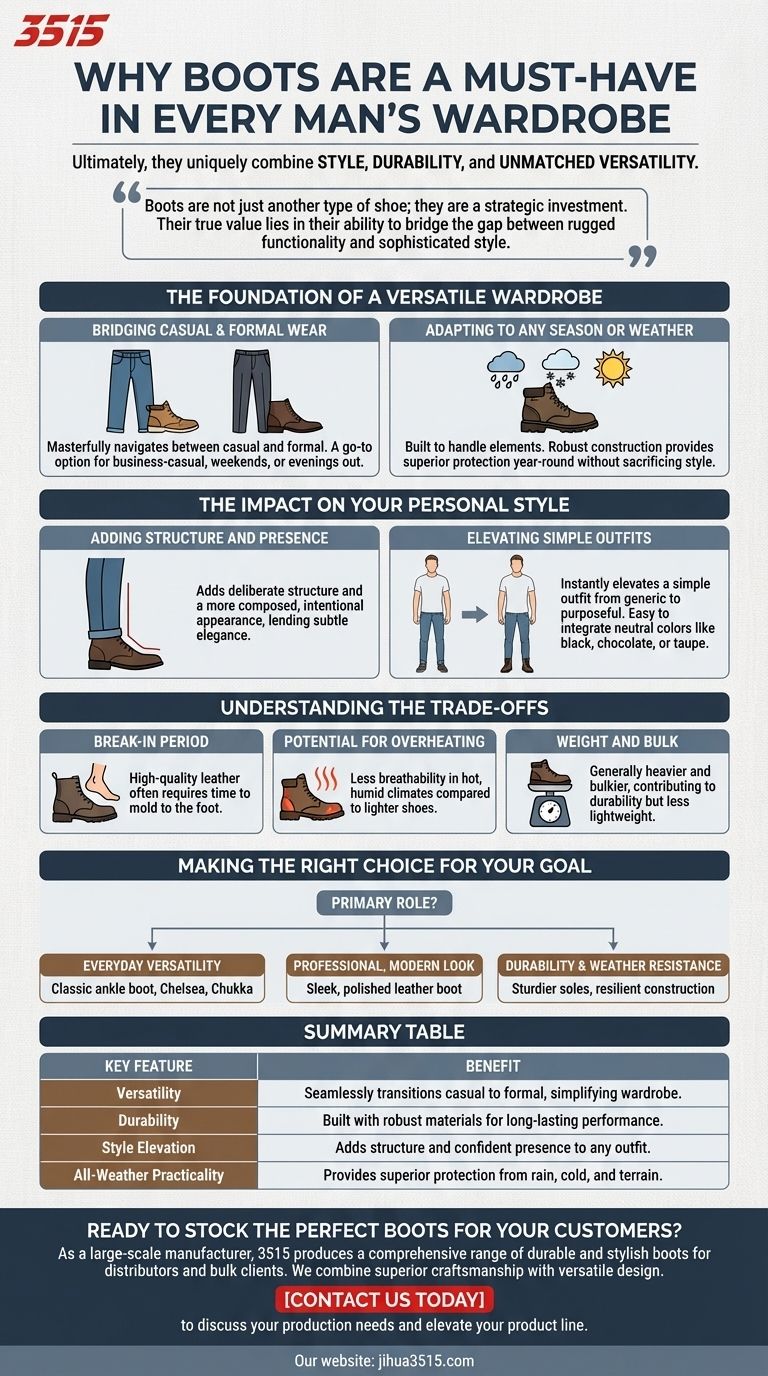 Pourquoi les bottes sont-elles considérées comme un indispensable dans la garde-robe de tout homme ? Libérez le style, la durabilité et la polyvalence Guide Visuel