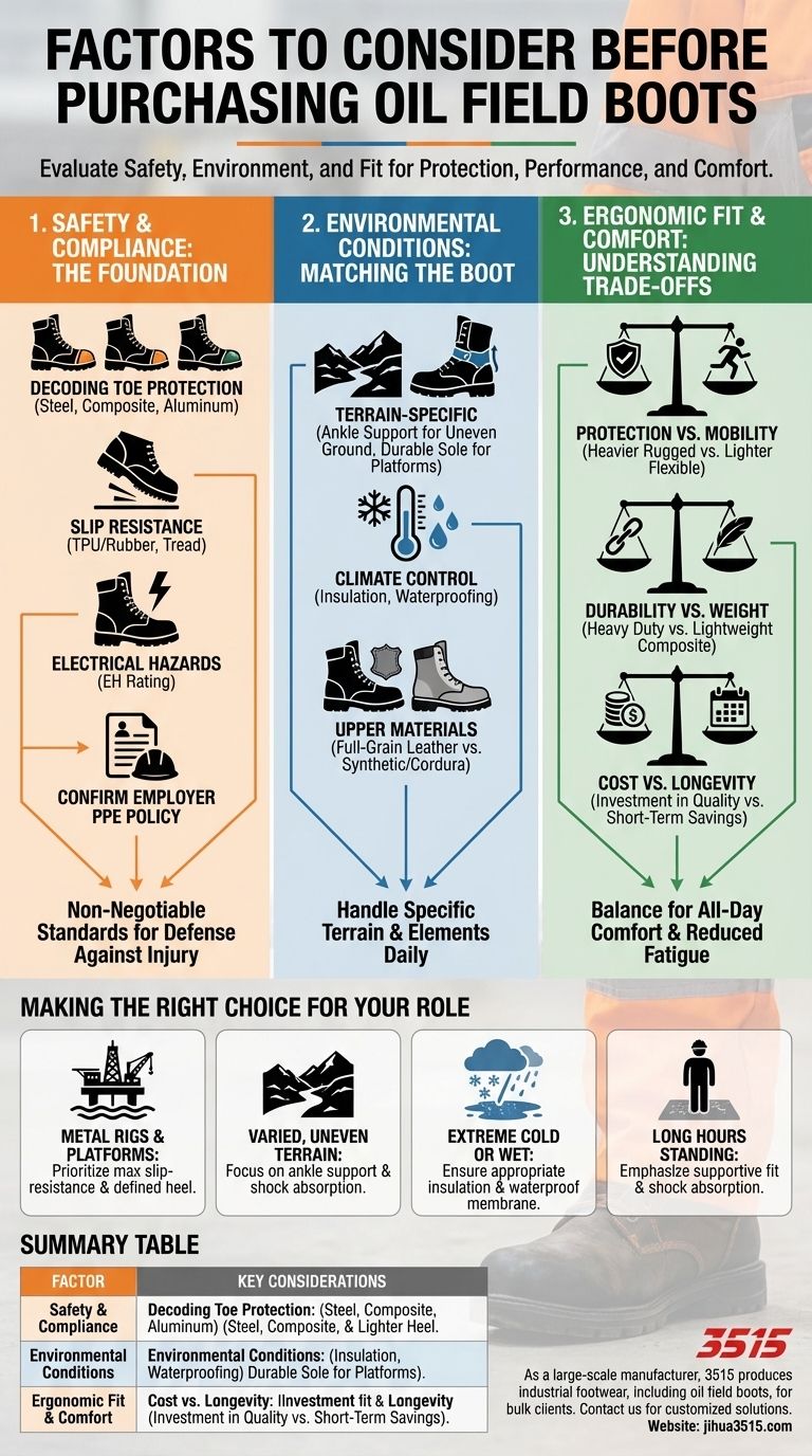 What factors should be considered before purchasing oil field boots? Ensure Safety, Comfort, and Durability Visual Guide