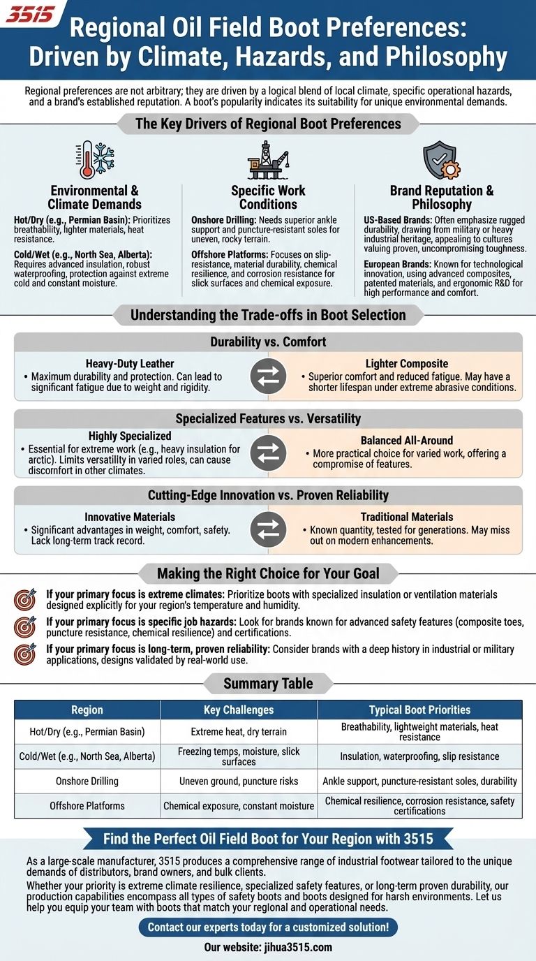 Why might some oil field boot brands be preferred in specific regions? | Regional Durability & Performance Visual Guide