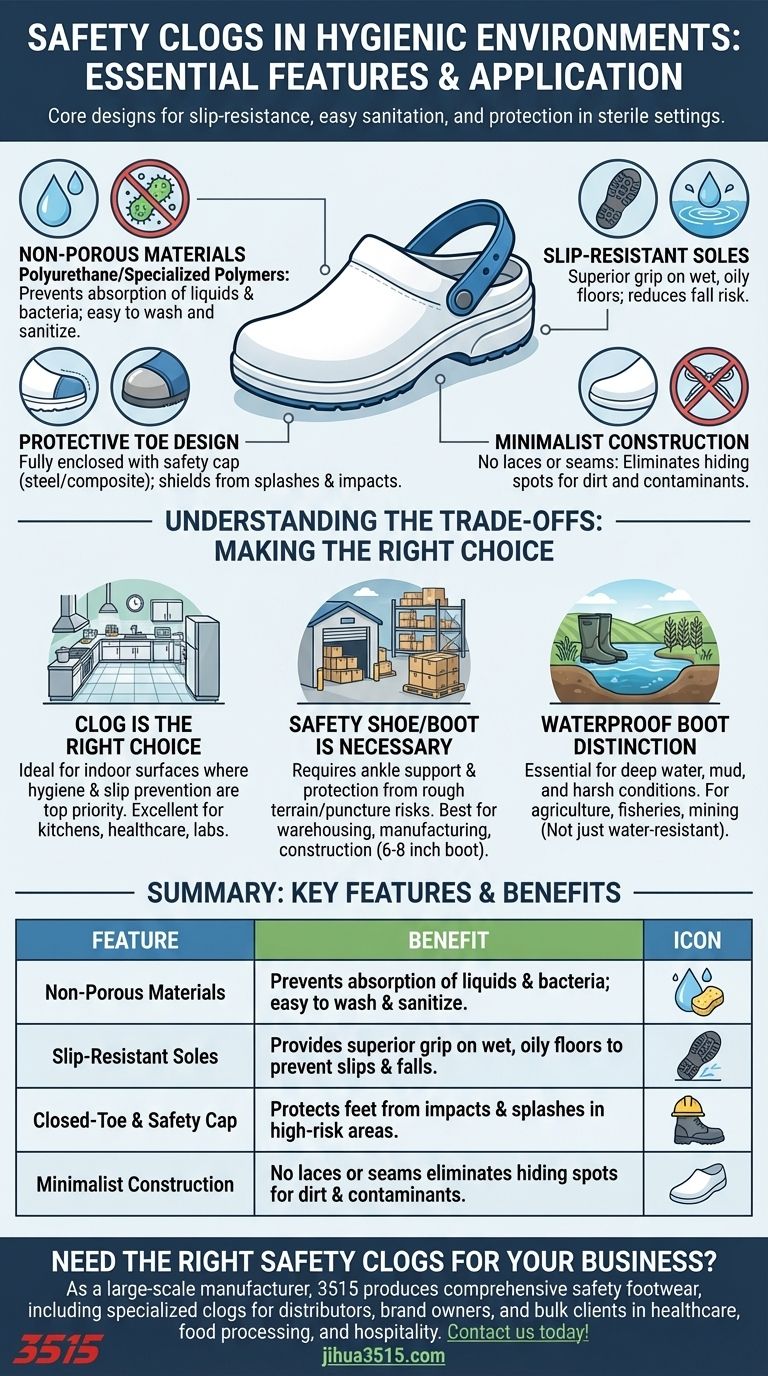 ¿Qué características hacen que los zuecos de seguridad sean adecuados para entornos higiénicos? Antideslizantes, Diseño fácil de limpiar Guía Visual
