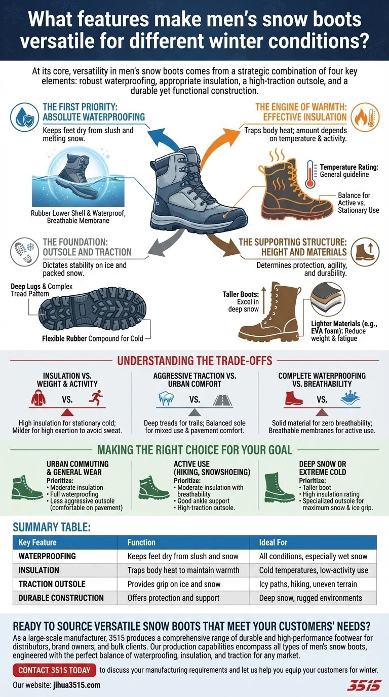 Quelles caractéristiques rendent les bottes de neige pour hommes polyvalentes ? Les 4 éléments clés pour toutes les conditions hivernales Guide Visuel