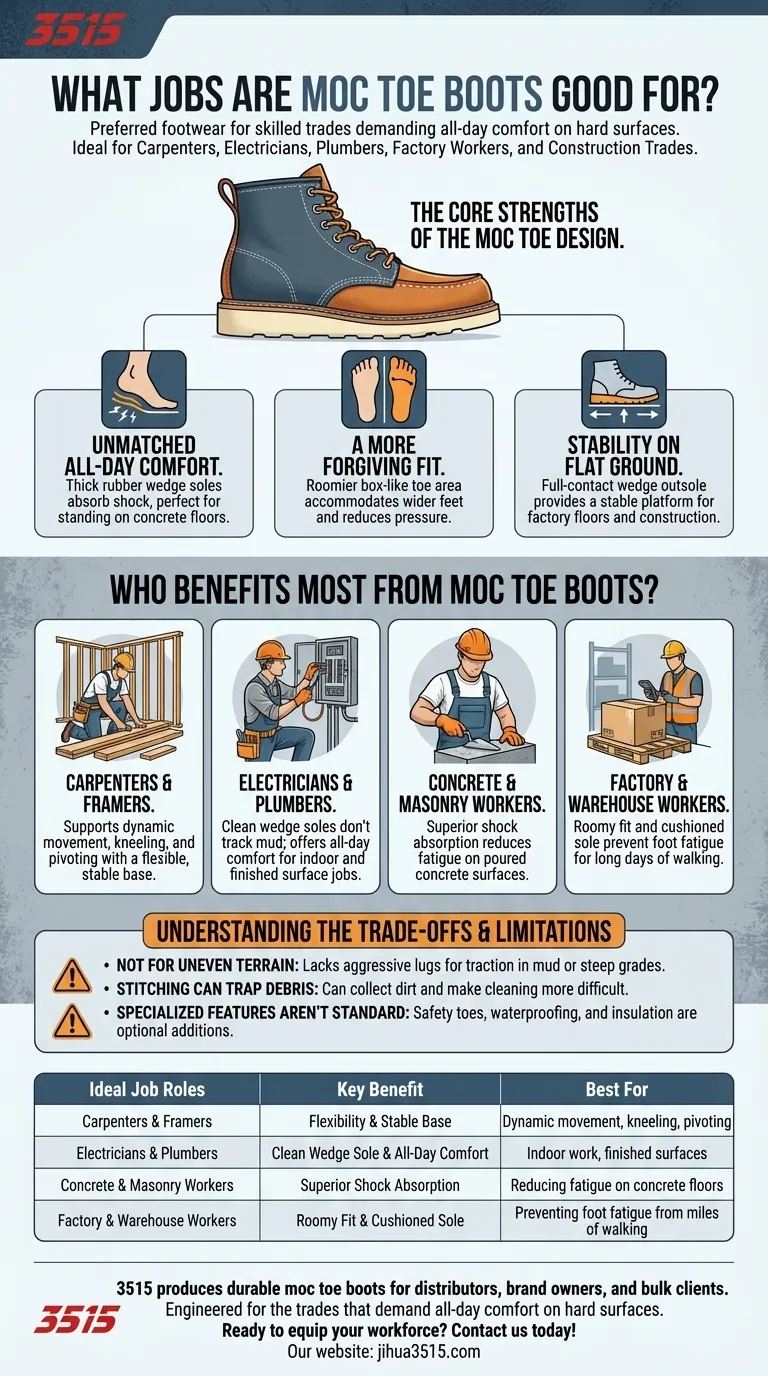 모카신 토 부츠는 어떤 직업에 적합한가요? 딱딱한 표면에서 일하는 기술직에게 필수적인 신발 시각적 가이드