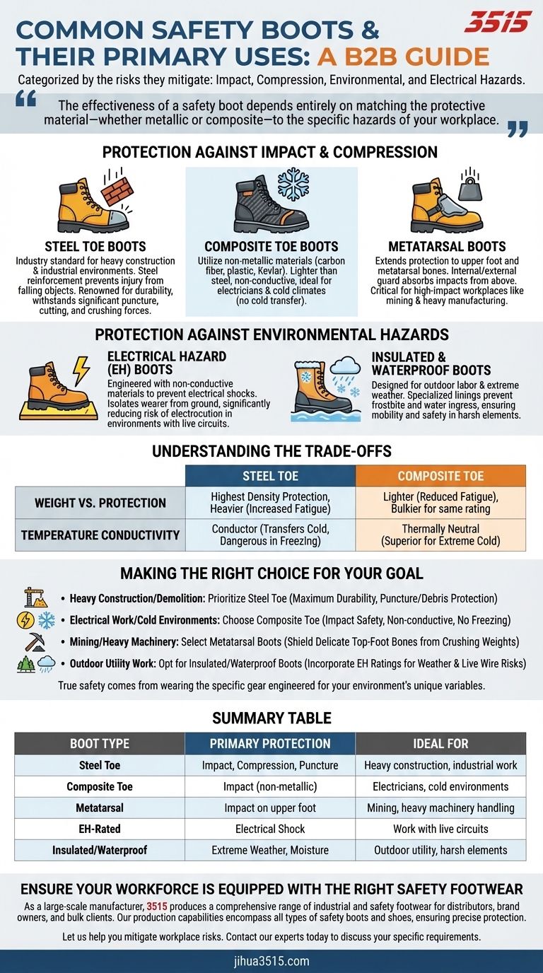 Quels sont les types courants de bottes de sécurité et leurs utilisations principales ? Un guide des chaussures industrielles Guide Visuel