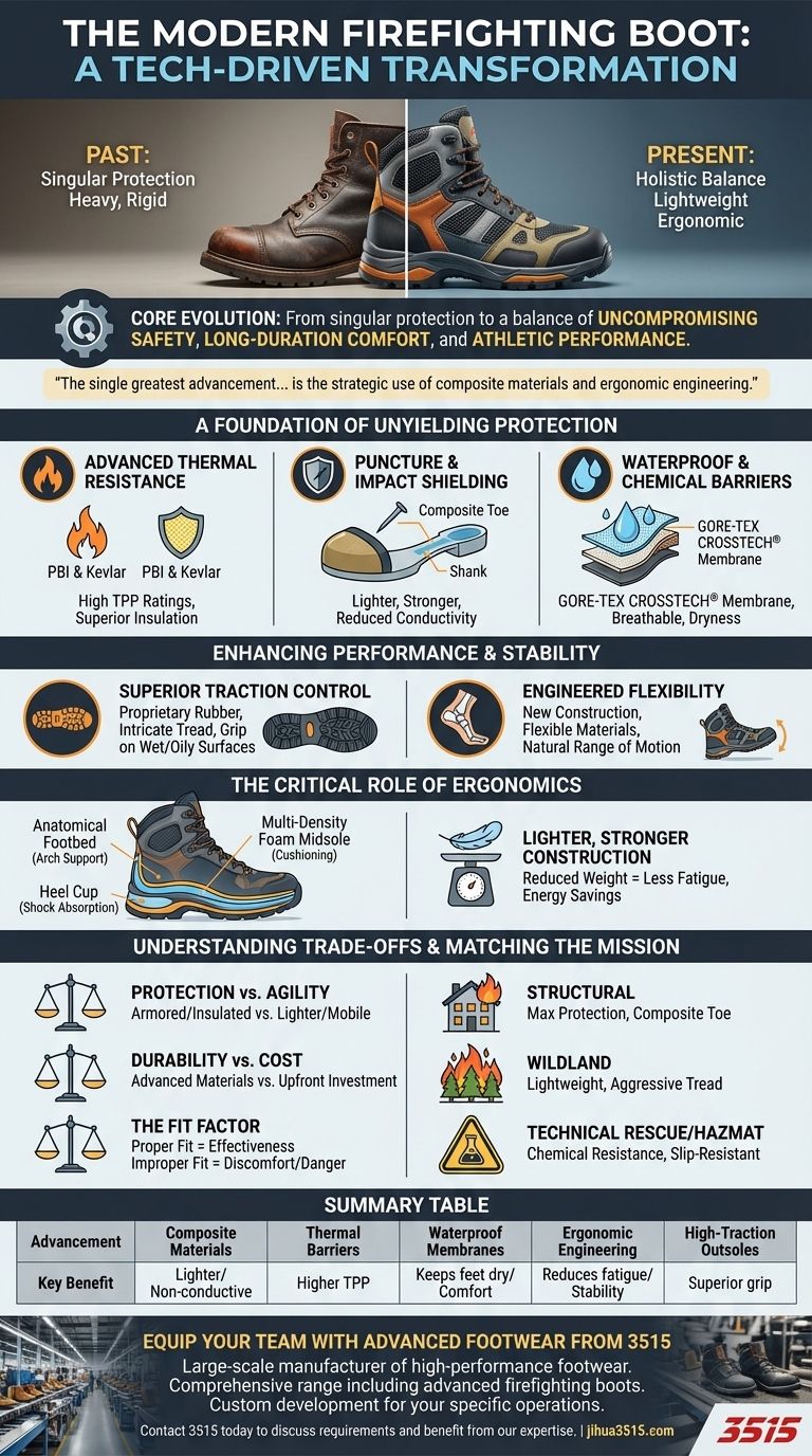 현대 소방 부츠를 개선한 기술적 발전은 무엇인가요? 안전 및 성능 향상 시각적 가이드