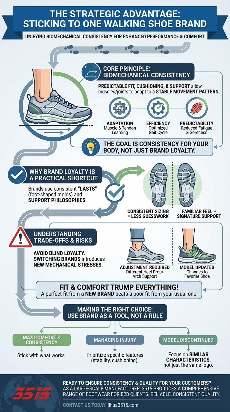 ¿Por qué es beneficioso apegarse a una marca de zapatos para caminar? Lograr consistencia biomecánica Guía Visual