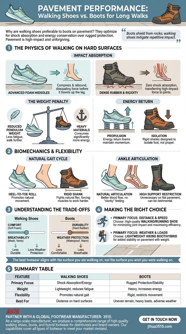 舗装路での長距離歩行には、ブーツよりもウォーキングシューズが適しているのはなぜですか？快適性を最大化し、疲労を軽減します。 ビジュアルガイド