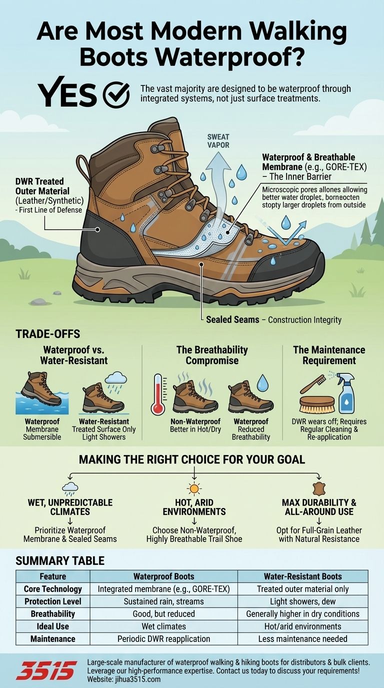 هل معظم أحذية المشي الحديثة مقاومة للماء؟ نعم، بفضل تقنية الأغشية المدمجة. دليل مرئي