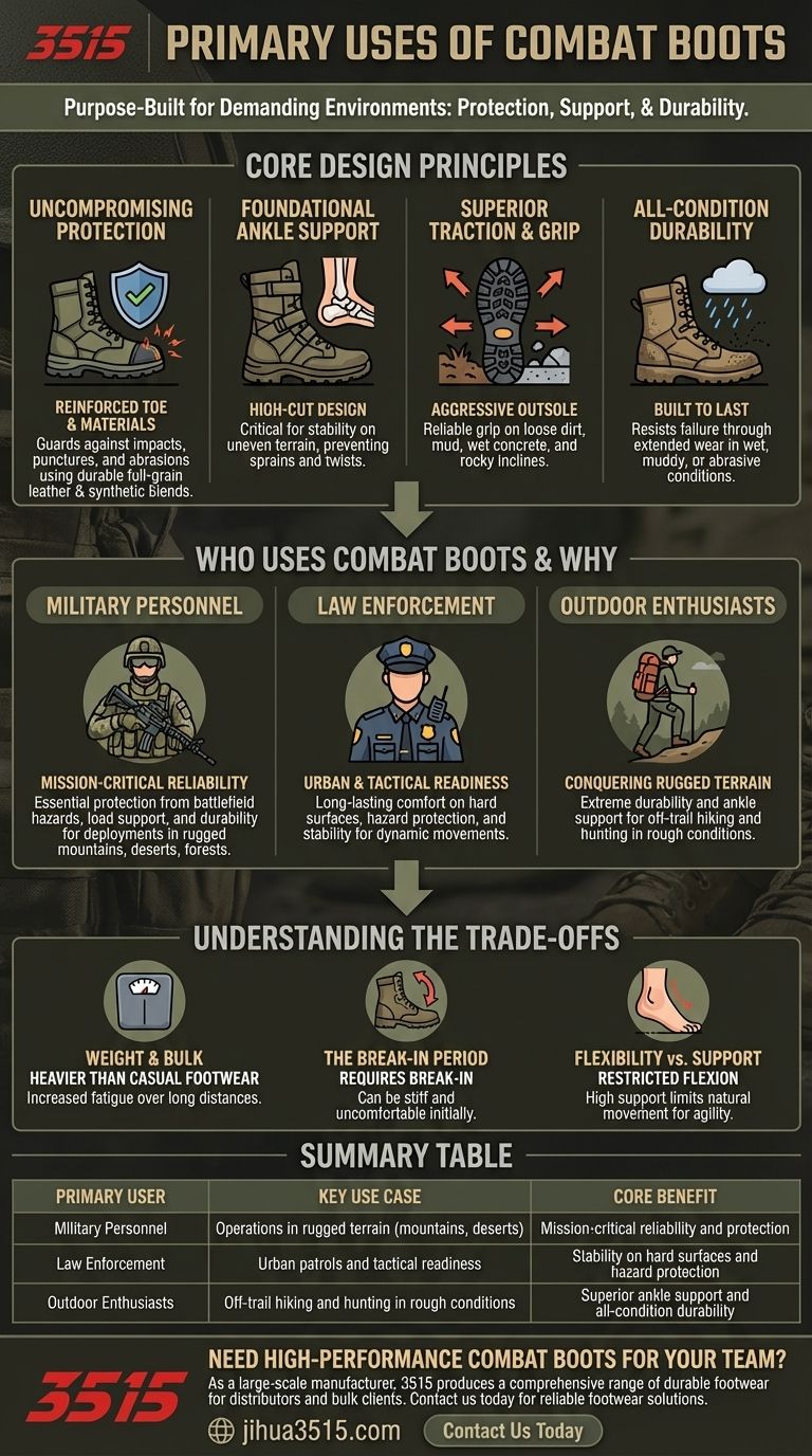 전투화의 주요 용도는 무엇인가요? 열악한 환경을 위한 탁월한 보호 기능 시각적 가이드